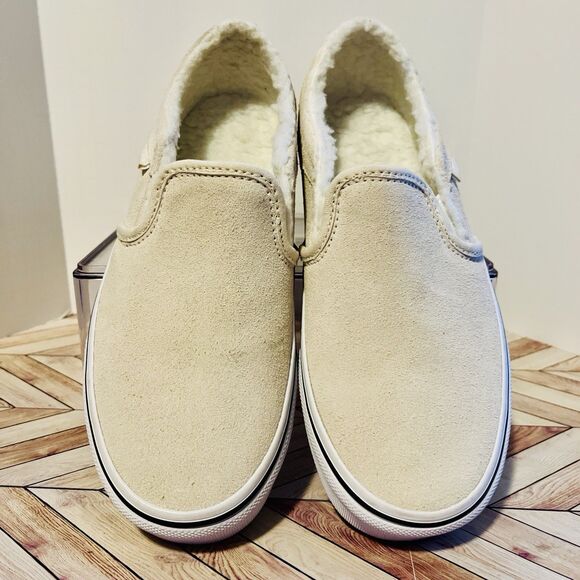Vans Asher Women's 6 Suede Slip-On Shoes Birch Cream Faux Fur Sherpa Lined New - Picture 4 of 9